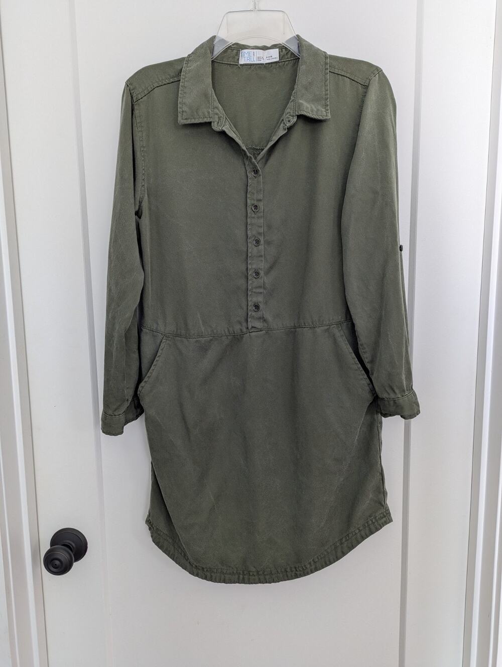 Time And Tru Ladies Small Shirt Dress Olive Green Roll Tab Sleeves Casual